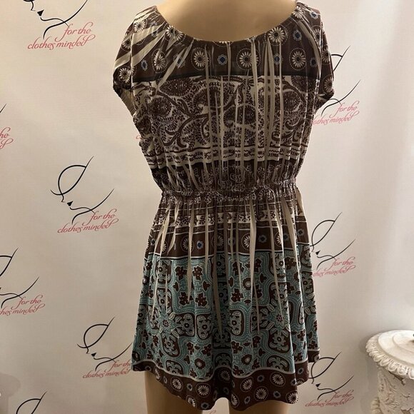 CATO. Stretch Tunic. Size Medium. Border Print. Scoop Tie Neck. Elastic. B40 - Picture 6 of 6